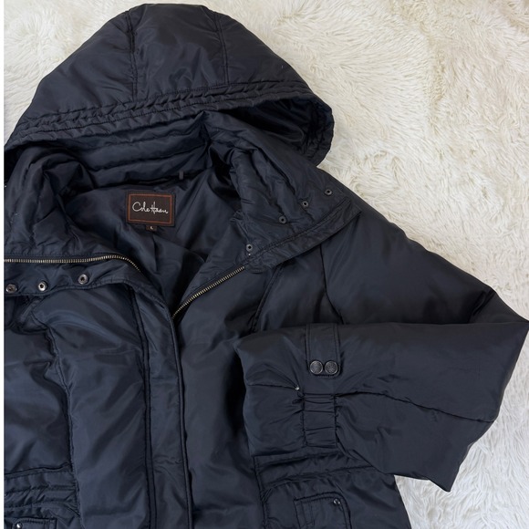 Cole Haan Black Down Feather Puffer Coat Hooded Jacket Womens Size Large Warm - Picture 1 of 13